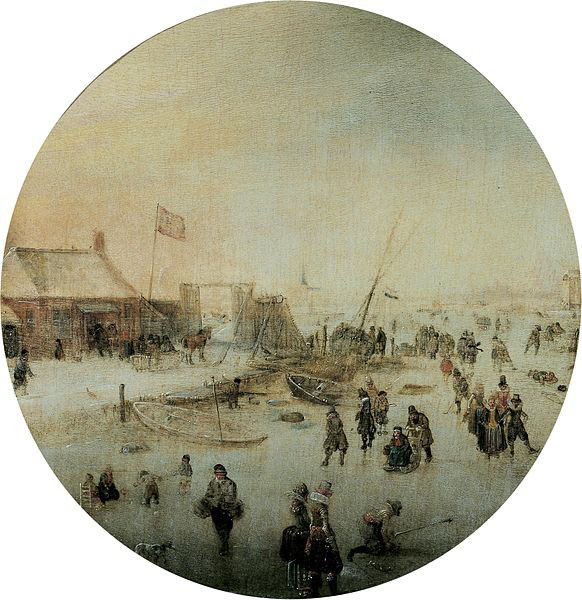 Winter landscape with skates and people playing kolf